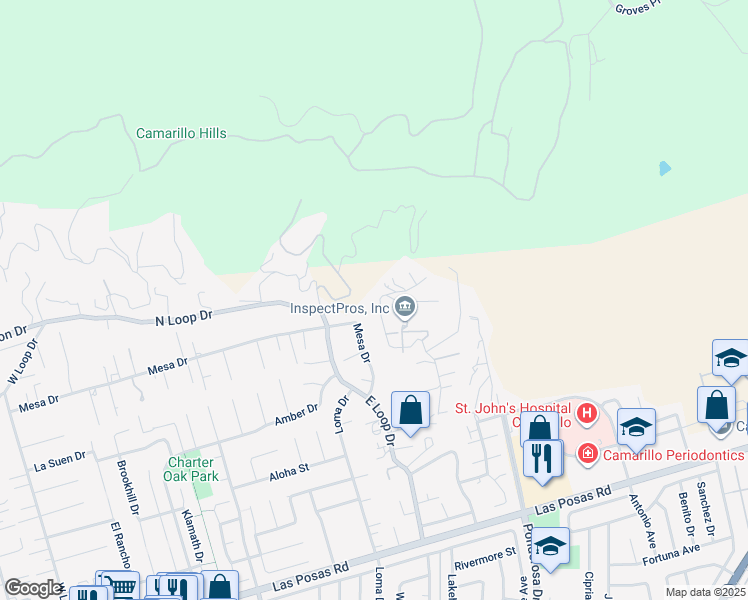 map of restaurants, bars, coffee shops, grocery stores, and more near 1025 Mesa Drive in Camarillo