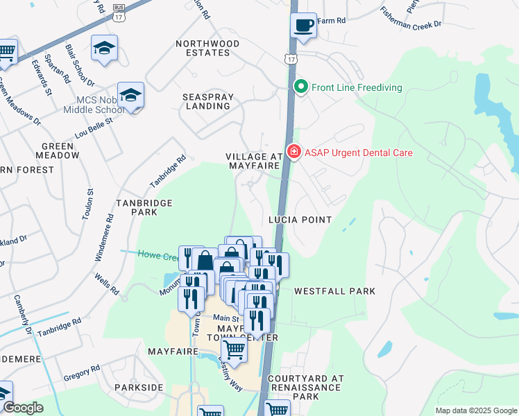 map of restaurants, bars, coffee shops, grocery stores, and more near 648 Village Park Drive in Wilmington