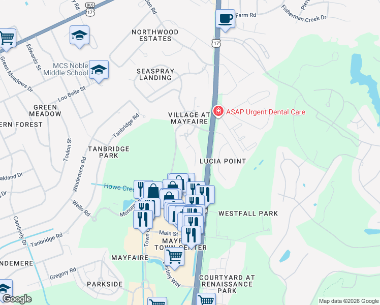 map of restaurants, bars, coffee shops, grocery stores, and more near 640 Village Park Drive in Wilmington