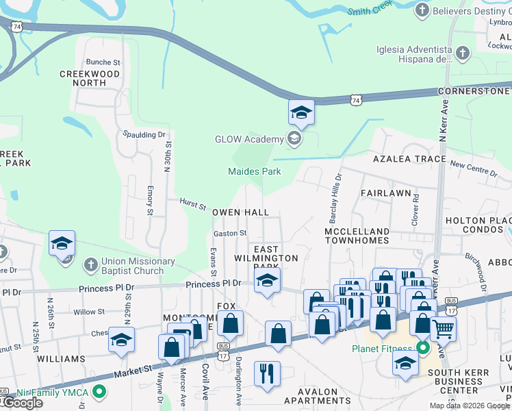 map of restaurants, bars, coffee shops, grocery stores, and more near 549 Manly Avenue in Wilmington