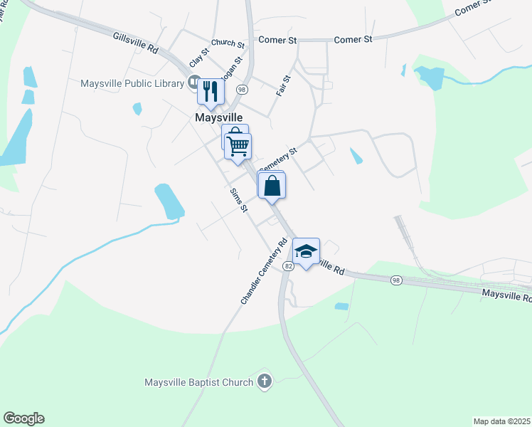 map of restaurants, bars, coffee shops, grocery stores, and more near 8771 Maysville Road in Maysville