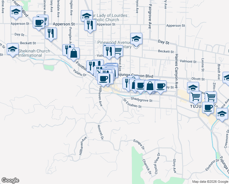 map of restaurants, bars, coffee shops, grocery stores, and more near 7166 Foothill Boulevard in Los Angeles