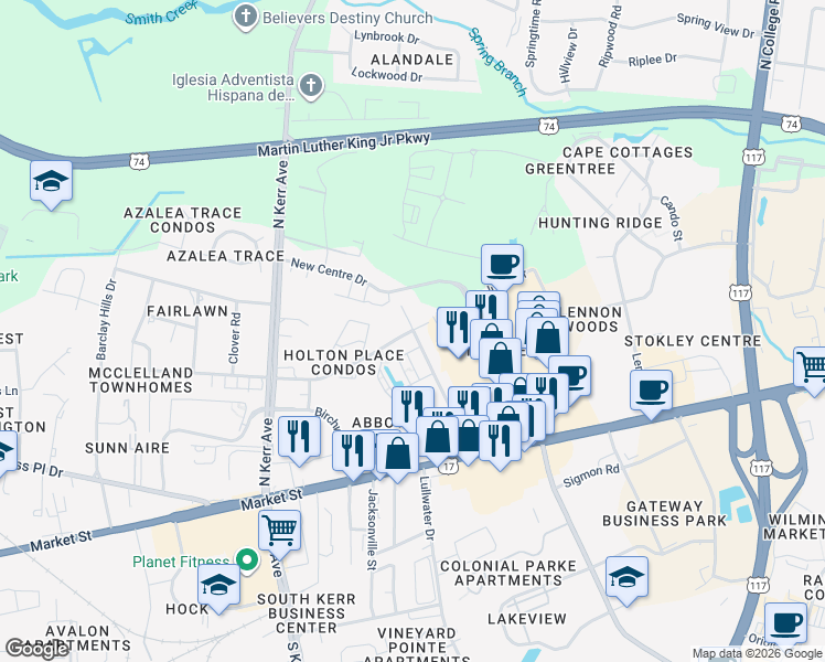 map of restaurants, bars, coffee shops, grocery stores, and more near 5009 McClelland Drive in Wilmington