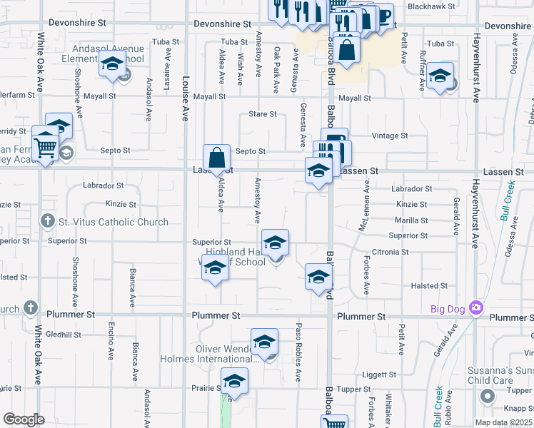 map of restaurants, bars, coffee shops, grocery stores, and more near 9750 Amestoy Avenue in Los Angeles