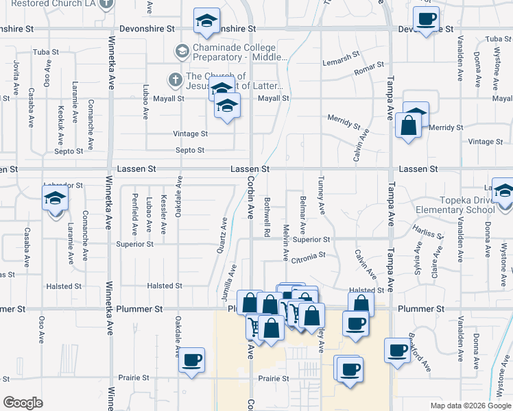 map of restaurants, bars, coffee shops, grocery stores, and more near 19651 Marilla Street in Los Angeles