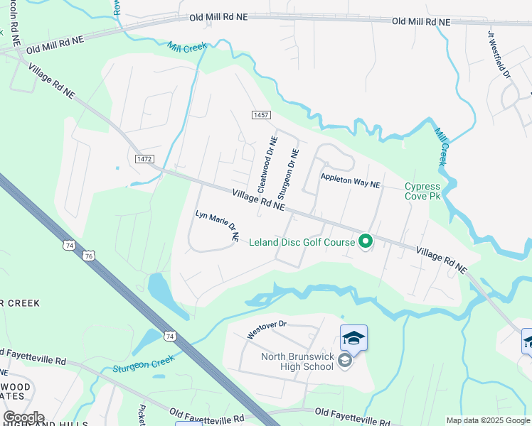 map of restaurants, bars, coffee shops, grocery stores, and more near 1035 Village Road Northeast in Leland