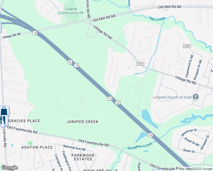 map of restaurants, bars, coffee shops, grocery stores, and more near 9198 Sue Circle Northeast in Leland