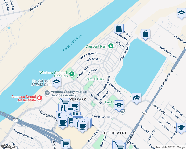 map of restaurants, bars, coffee shops, grocery stores, and more near 3211 North Oxnard Boulevard in Oxnard