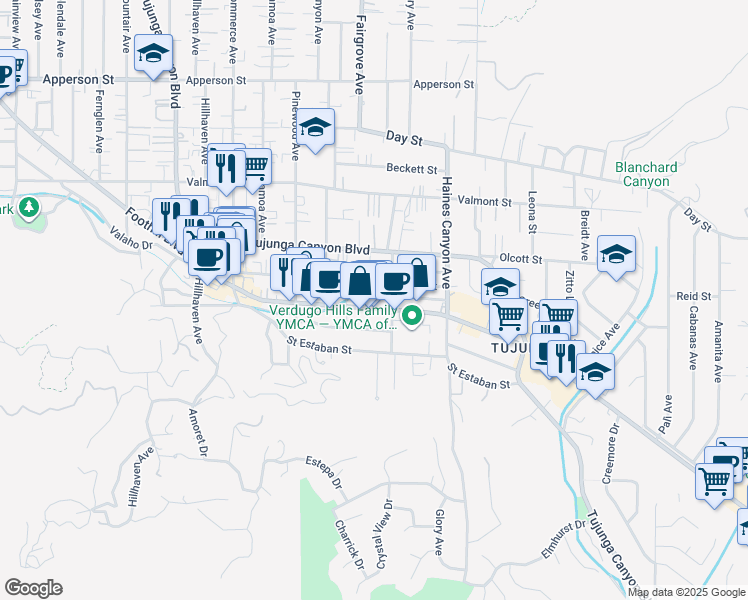 map of restaurants, bars, coffee shops, grocery stores, and more near 6923 Foothill Boulevard in Los Angeles