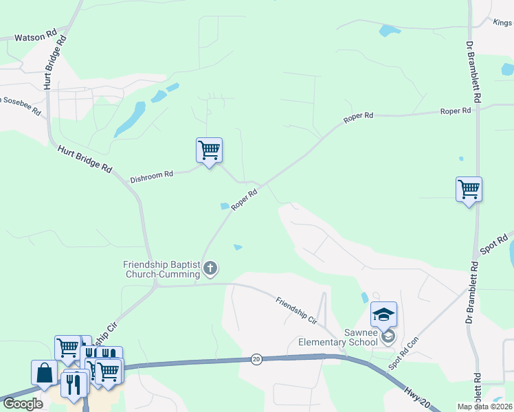 map of restaurants, bars, coffee shops, grocery stores, and more near 2735 Roper Road in Cumming