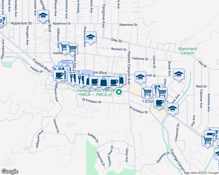 map of restaurants, bars, coffee shops, grocery stores, and more near 6919 Foothill Boulevard in Los Angeles