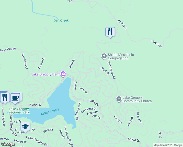 map of restaurants, bars, coffee shops, grocery stores, and more near 285 Davos Court in Crestline
