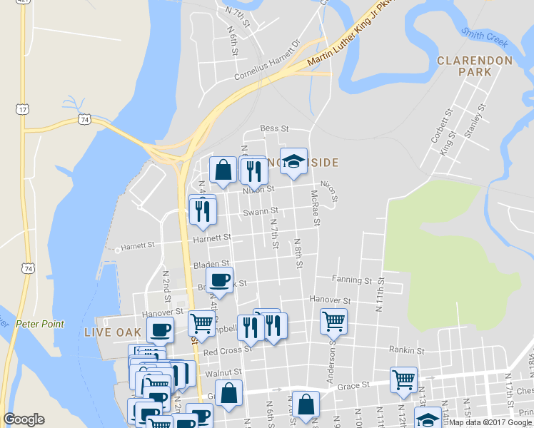 map of restaurants, bars, coffee shops, grocery stores, and more near 618 Swann Street in Wilmington