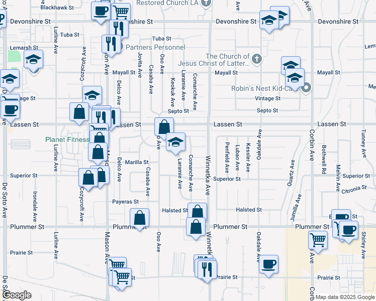map of restaurants, bars, coffee shops, grocery stores, and more near 9767 Comanche Avenue in Los Angeles