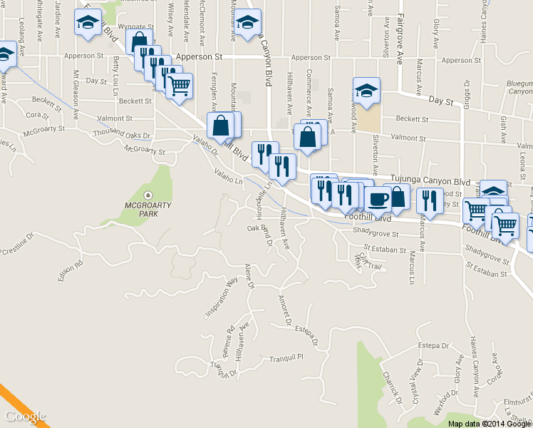 map of restaurants, bars, coffee shops, grocery stores, and more near 7284 Saint Estaban Street in Los Angeles