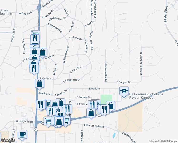 map of restaurants, bars, coffee shops, grocery stores, and more near 500 North Granite Drive in Payson
