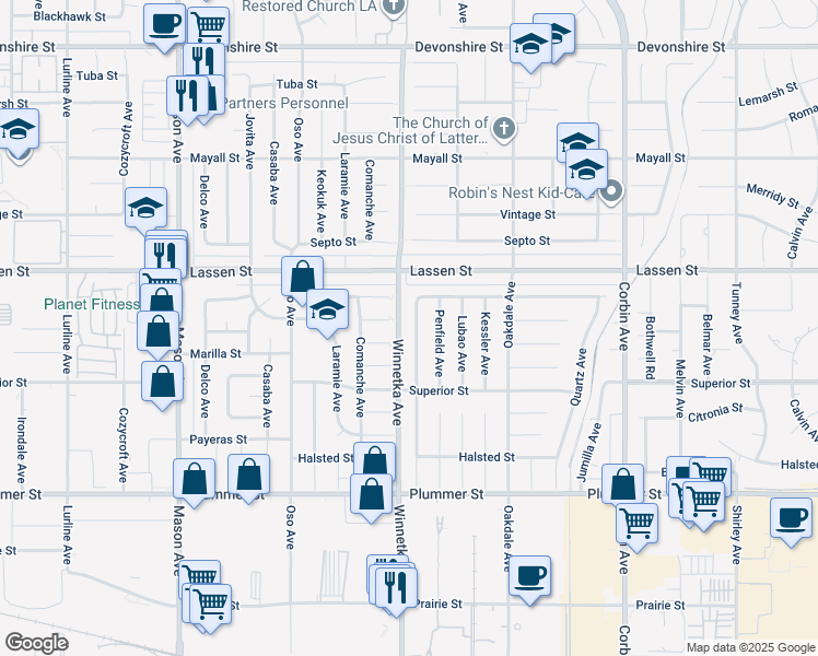 map of restaurants, bars, coffee shops, grocery stores, and more near 9801 Quakertown Avenue in Los Angeles