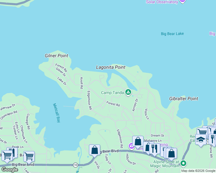 map of restaurants, bars, coffee shops, grocery stores, and more near 39854 Lakeview Drive in Big Bear Lake