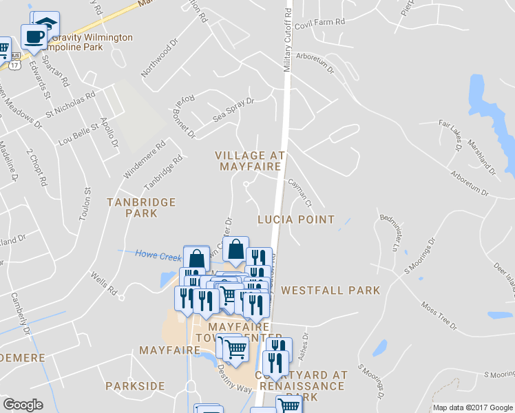 map of restaurants, bars, coffee shops, grocery stores, and more near 648 Village Park Drive in Wilmington