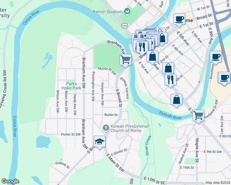map of restaurants, bars, coffee shops, grocery stores, and more near 9 Cherokee Street Southwest in Rome
