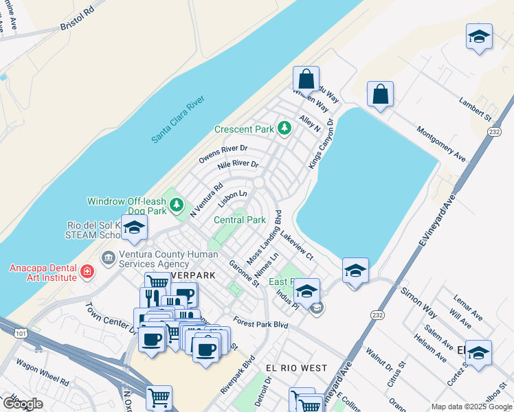 map of restaurants, bars, coffee shops, grocery stores, and more near 3245 London Lane in Oxnard