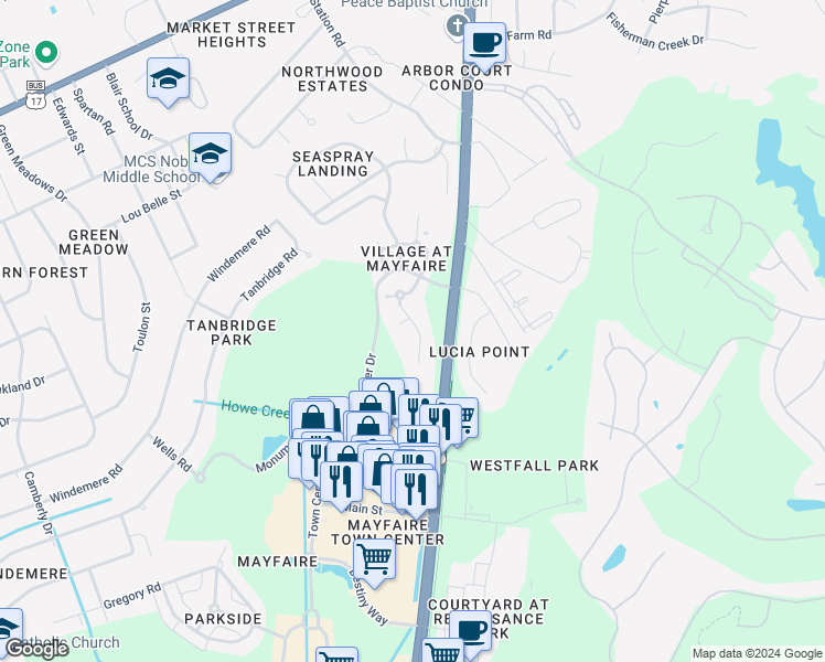 map of restaurants, bars, coffee shops, grocery stores, and more near 648 Village Park Drive in Wilmington
