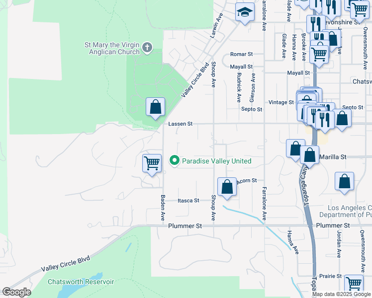 map of restaurants, bars, coffee shops, grocery stores, and more near 22455 Pacific Oak Drive in Los Angeles