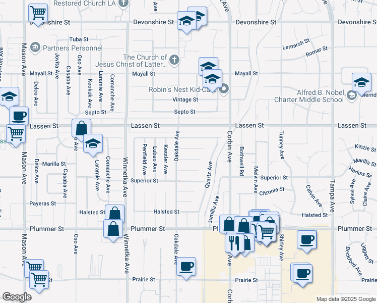 map of restaurants, bars, coffee shops, grocery stores, and more near 19840 Kinzie Street in Los Angeles