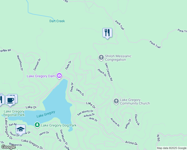map of restaurants, bars, coffee shops, grocery stores, and more near 24814 Edelweiss Drive in Crestline