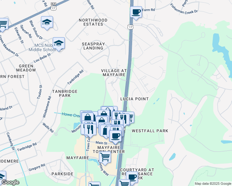 map of restaurants, bars, coffee shops, grocery stores, and more near 644 Village Park Drive in Wilmington