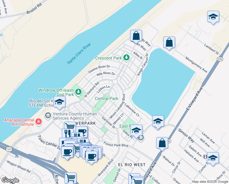 map of restaurants, bars, coffee shops, grocery stores, and more near 3245 London Lane in Oxnard