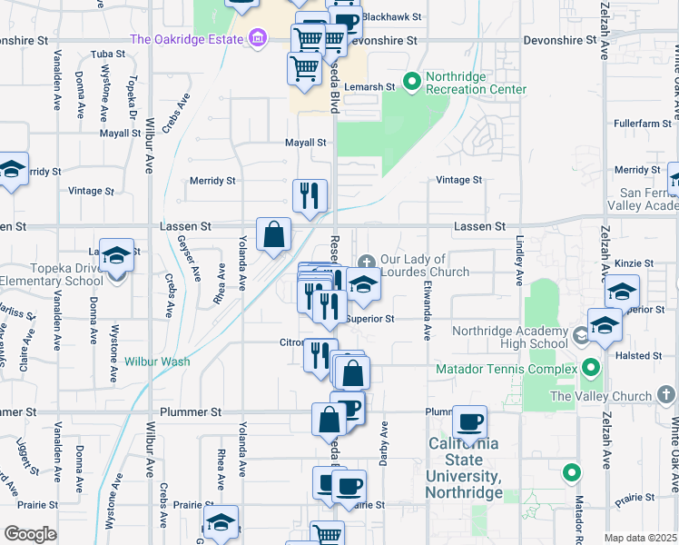 map of restaurants, bars, coffee shops, grocery stores, and more near 9799b Reseda Boulevard in Los Angeles