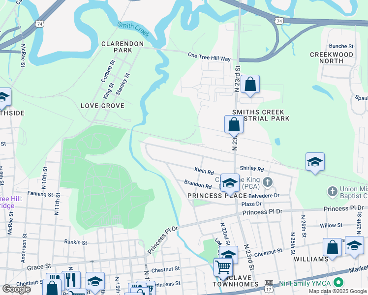 map of restaurants, bars, coffee shops, grocery stores, and more near 2113 Shirley Road in Wilmington