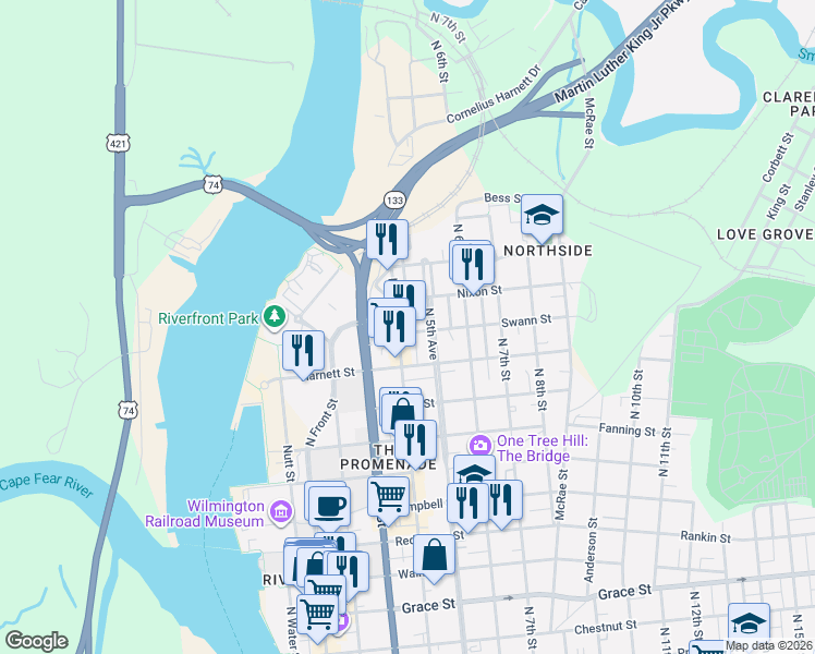 map of restaurants, bars, coffee shops, grocery stores, and more near 1022 North 4th Street in Wilmington