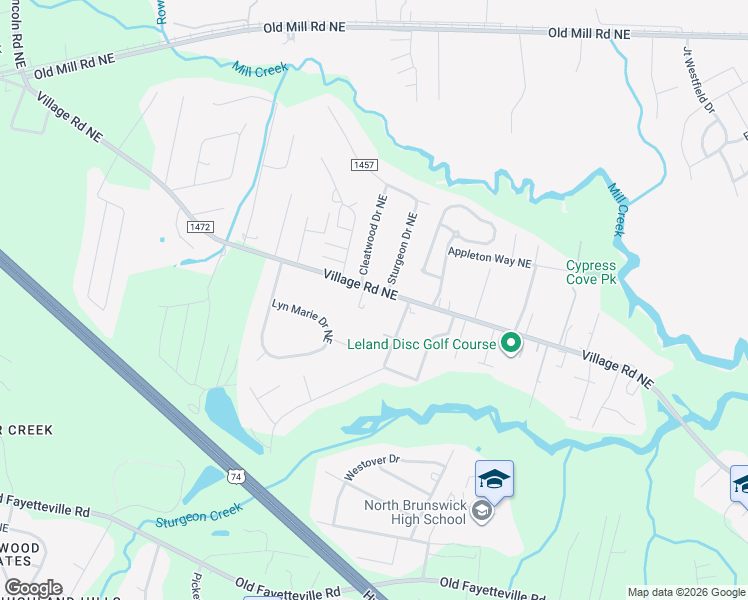 map of restaurants, bars, coffee shops, grocery stores, and more near 1035 Village Rd NE in Leland