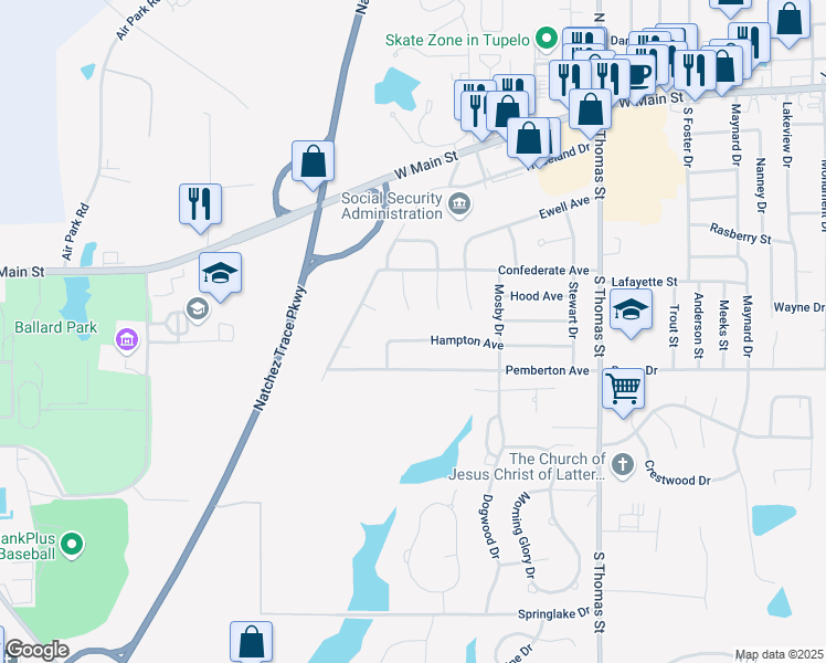 map of restaurants, bars, coffee shops, grocery stores, and more near 2605-2699 Hampton Avenue in Tupelo