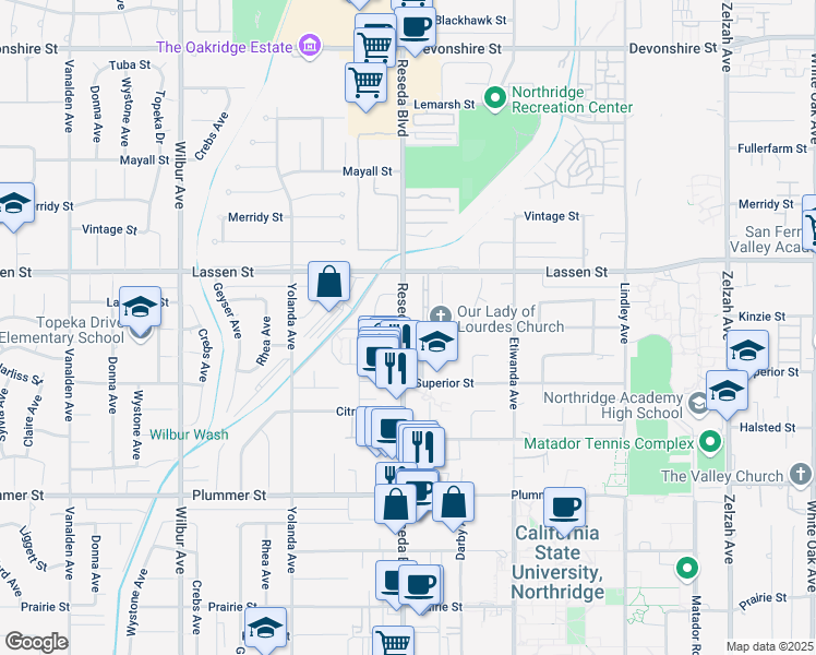 map of restaurants, bars, coffee shops, grocery stores, and more near 9799b Reseda Boulevard in Los Angeles