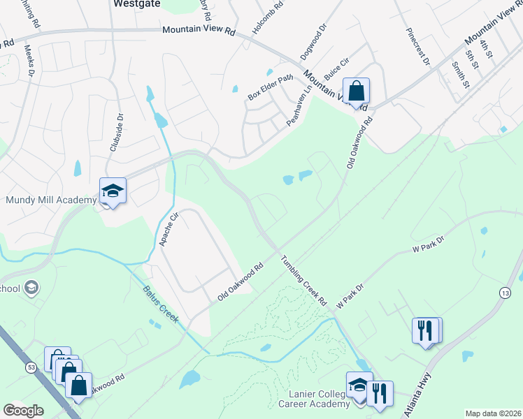 map of restaurants, bars, coffee shops, grocery stores, and more near Millside Parkway in Gainesville