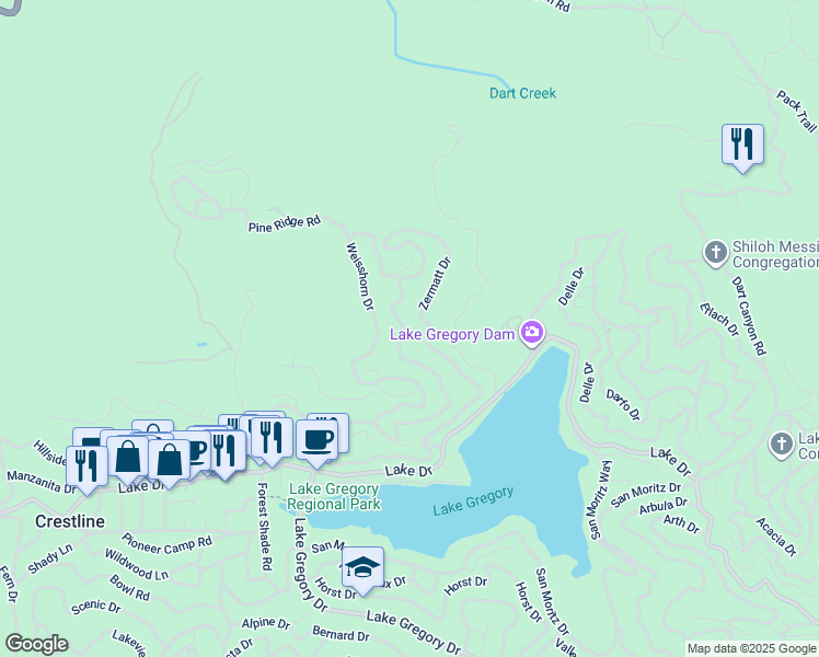 map of restaurants, bars, coffee shops, grocery stores, and more near 279 Wylerhorn Drive in Crestline