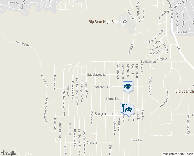 map of restaurants, bars, coffee shops, grocery stores, and more near 225 Sunset Lane in Big Bear