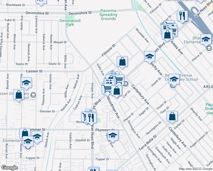 map of restaurants, bars, coffee shops, grocery stores, and more near 14431 Van Nuys Blvd in Los Angeles