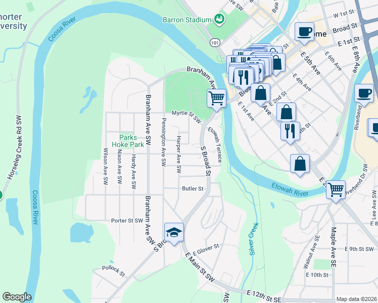 map of restaurants, bars, coffee shops, grocery stores, and more near 9 Cherokee Street Southwest in Rome