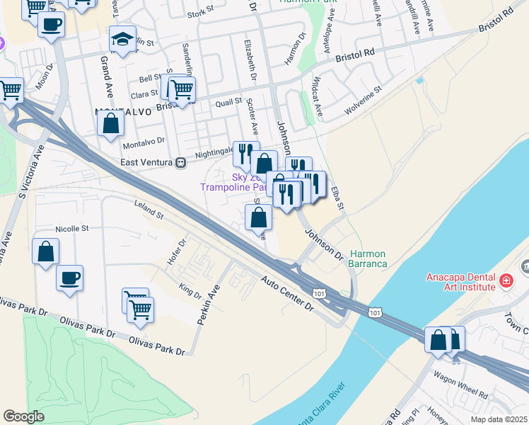 map of restaurants, bars, coffee shops, grocery stores, and more near 2910 Sherwin Avenue in Ventura