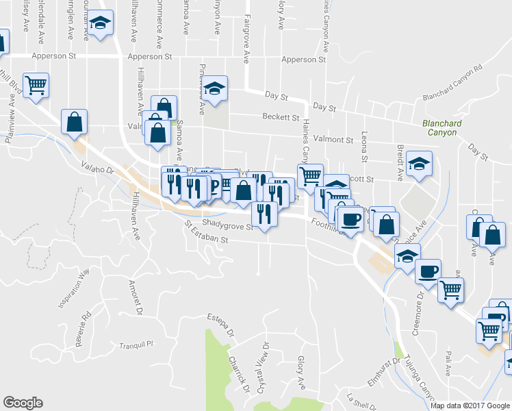 map of restaurants, bars, coffee shops, grocery stores, and more near 6923 Foothill Boulevard in Los Angeles
