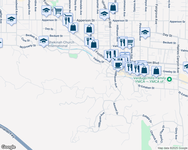 map of restaurants, bars, coffee shops, grocery stores, and more near 9832 North High Top Drive in Los Angeles