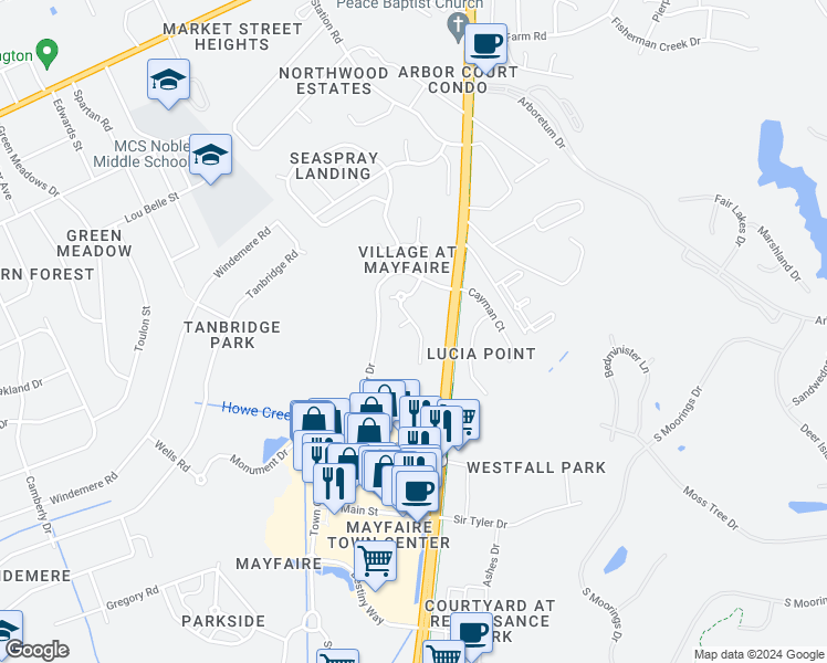 map of restaurants, bars, coffee shops, grocery stores, and more near 640 Village Park Drive in Wilmington