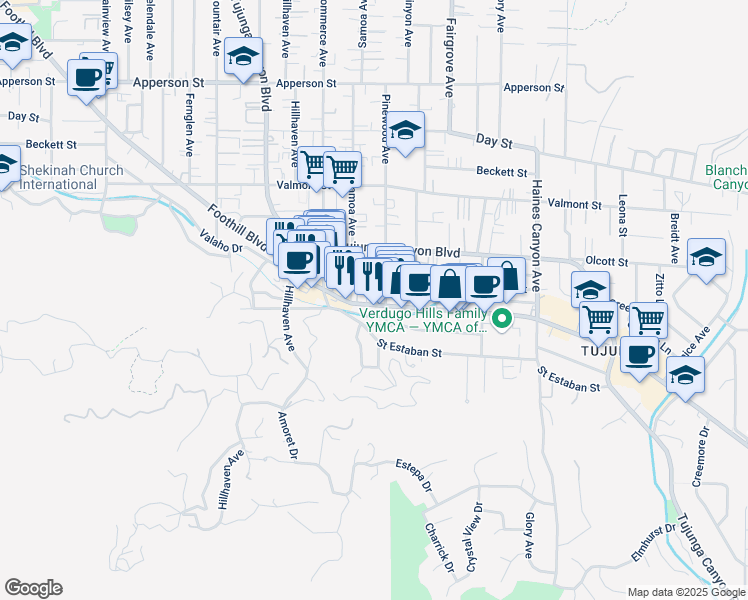 map of restaurants, bars, coffee shops, grocery stores, and more near 7132 Foothill Boulevard in Los Angeles