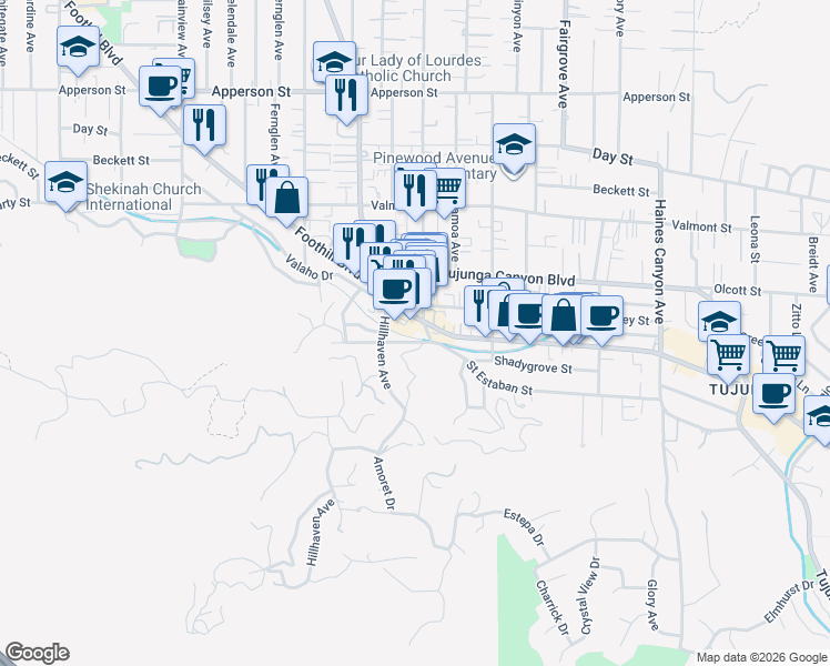 map of restaurants, bars, coffee shops, grocery stores, and more near 7166 Foothill Boulevard in Los Angeles