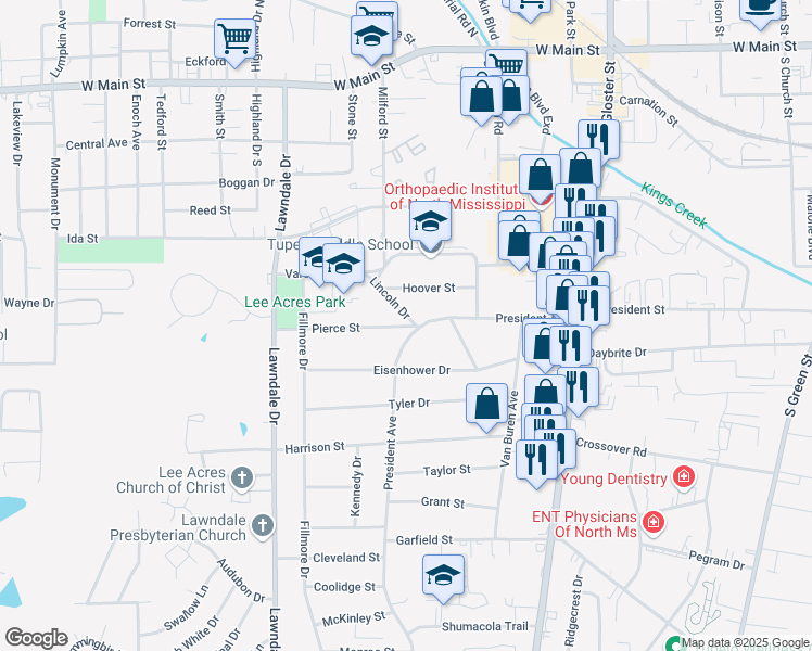 map of restaurants, bars, coffee shops, grocery stores, and more near 1008 Pierce Street in Tupelo