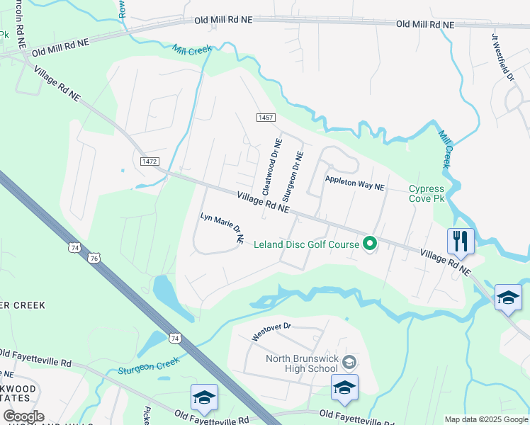 map of restaurants, bars, coffee shops, grocery stores, and more near 1035 Village Rd NE in Leland